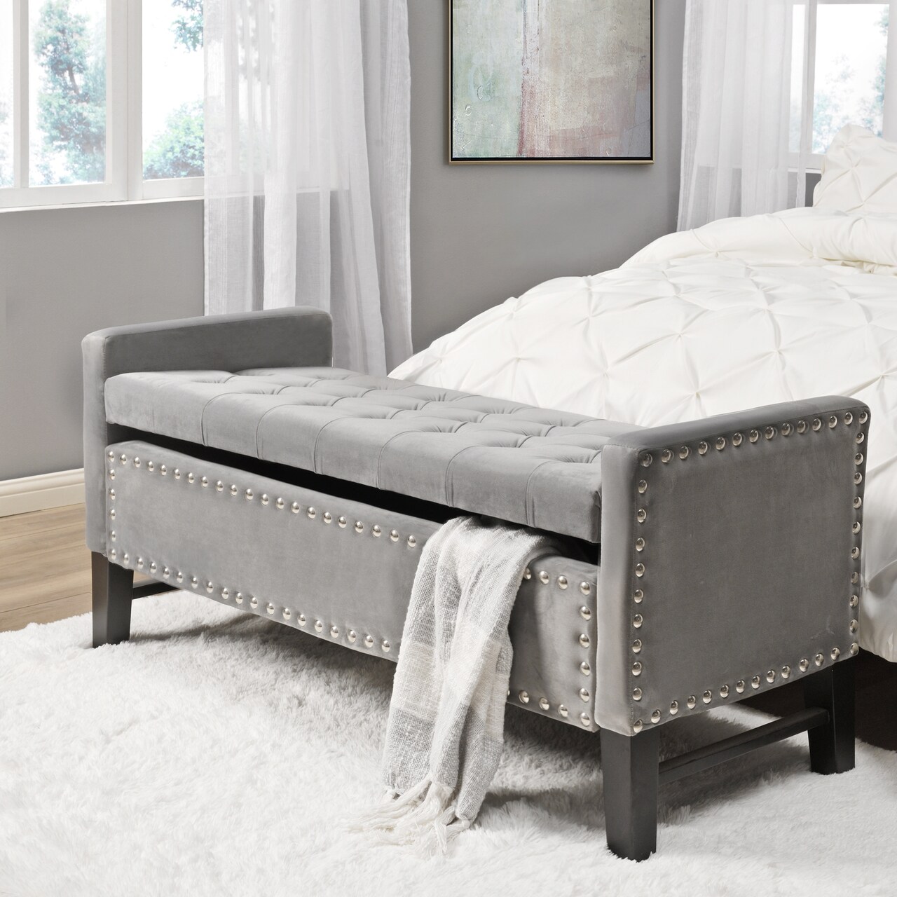 Emmaline PU Leather/Linen/Velvet Button Tufted Nailhead Trim Storage Bench